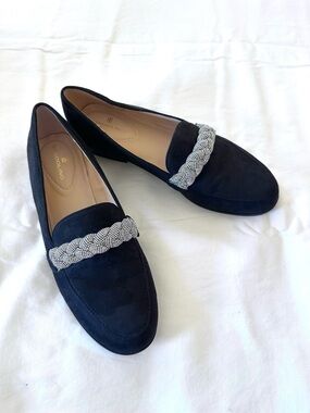Bandolino Black Suede Loafers with Silver Crystal Braided Accent NWT